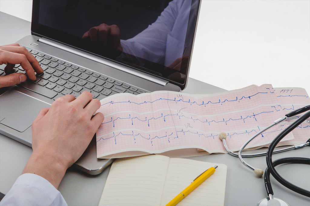 Médico examinando paciente idoso com marca-passo durante avaliação cardíaca em consultório moderno.